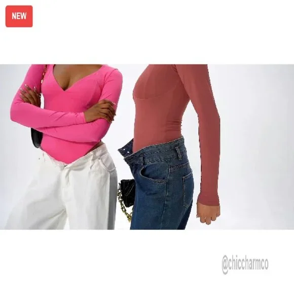 Long Sleeve V Neck Bodysuit Seamed Cup Sculpting Tops